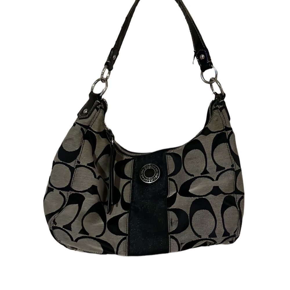 Coach shoulder bag Black gray Signature Stripe Bag F19281